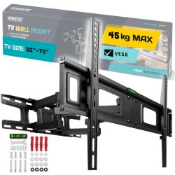   TV tartó konzol, fali, Humberg HM-882, fekete, 32"-70" méretig, dönthető és forgatható, 6-43 cm faltávolság, VESA 50 x 50–600 x 400, teherbírás: 45 kg