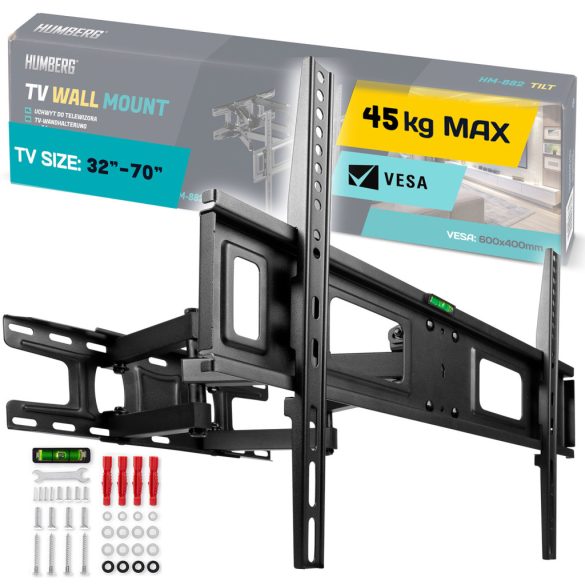 TV tartó konzol, fali, Humberg HM-882, fekete, 32"-70" méretig, dönthető és forgatható, 6-43 cm faltávolság, VESA 50 x 50–600 x 400, teherbírás: 45 kg