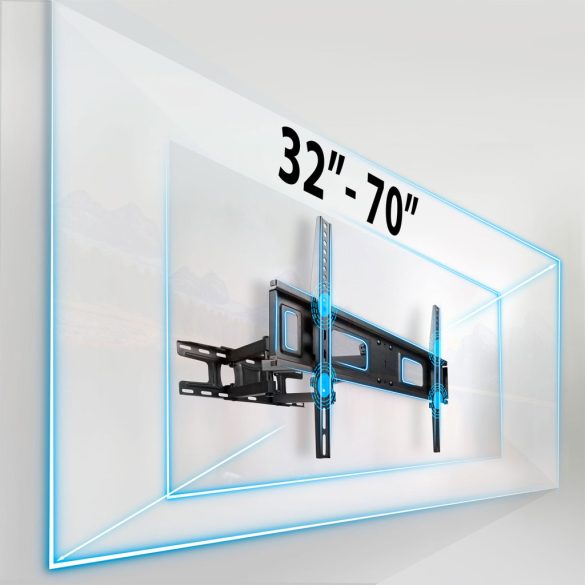 TV tartó konzol, fali, Humberg HM-882, fekete, 32"-70" méretig, dönthető és forgatható, 6-43 cm faltávolság, VESA 50 x 50–600 x 400, teherbírás: 45 kg