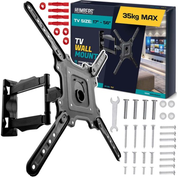 TV tartó konzol, fali, Humberg, fekete, 17"–56" méretig, dönthető és forgatható, 5-40 cm faltávolság, VESA 100 × 100–400 × 400, teherbírás: 35 kg