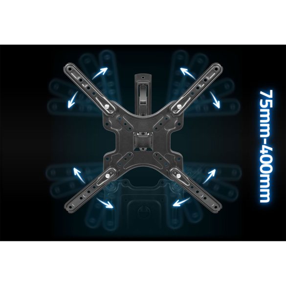 TV tartó konzol, fali, Humberg, fekete, 17"–56" méretig, dönthető és forgatható, 5,4-42,5 cm faltávolság, VESA 75 × 75–400 × 400, teherbírás: 30 kg