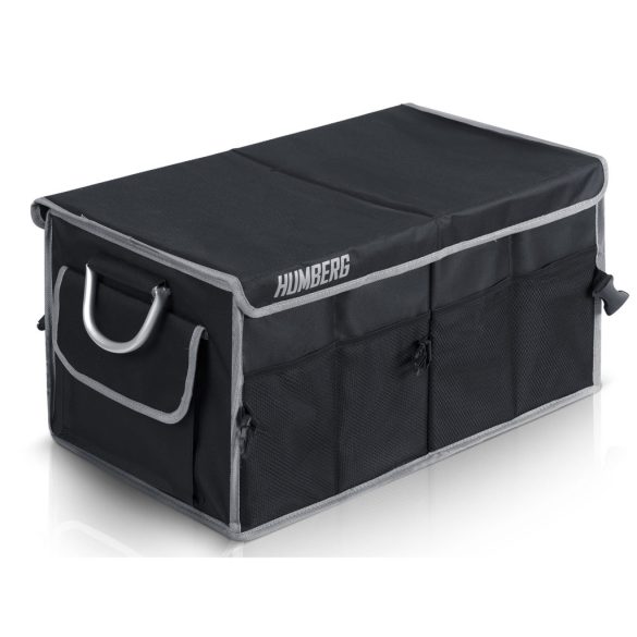 Tároló csomagtartóba, Humberg HM-990, fekete, 58 x 34 x 29 cm, összecsukható, vízálló, levehető fedél, kétrekeszes, polietilén, alumínium fogantyúk