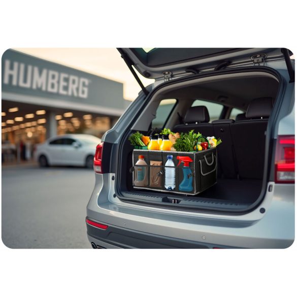 Tároló csomagtartóba, Humberg HM-990, fekete, 58 x 34 x 29 cm, összecsukható, vízálló, levehető fedél, kétrekeszes, polietilén, alumínium fogantyúk