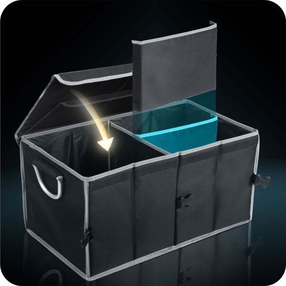 Tároló csomagtartóba, Humberg HM-990, fekete, 58 x 34 x 29 cm, összecsukható, vízálló, levehető fedél, kétrekeszes, polietilén, alumínium fogantyúk