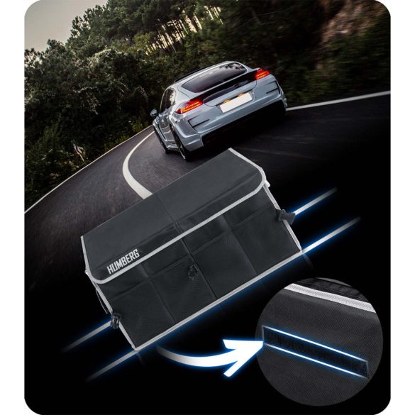 Tároló csomagtartóba, Humberg HM-990, fekete, 58 x 34 x 29 cm, összecsukható, vízálló, levehető fedél, kétrekeszes, polietilén, alumínium fogantyúk