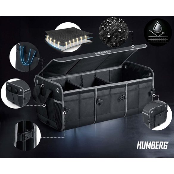 Tároló csomagtartóba, Humberg HM-991, fekete, 73,5 x 37 x 32 cm, összecsukható, vízálló, levehető fedél, polietilén, csúszásgátló alj, fém fogantyúk