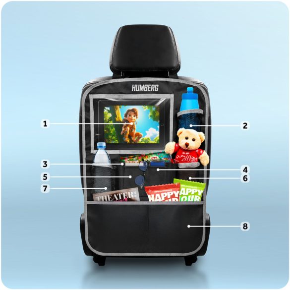 Autós üléstároló, Humberg HM-992, 60 x 43 cm, 9 zseb, könnyen tisztítható, háttámlavédő