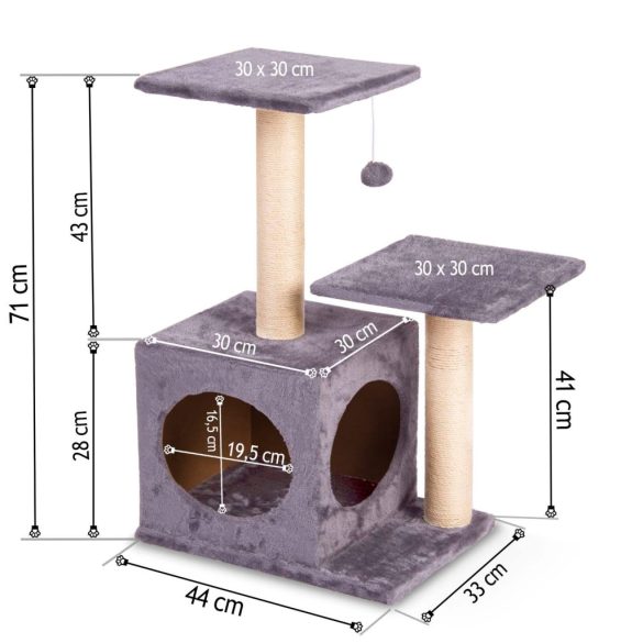 Macska mászóka, Pethaus DR-263, szürke, magasság: 71 cm, 2 szizálköteles kaparóoszlop, puha plüss borítás, 2 pihenőplatform, kuckó