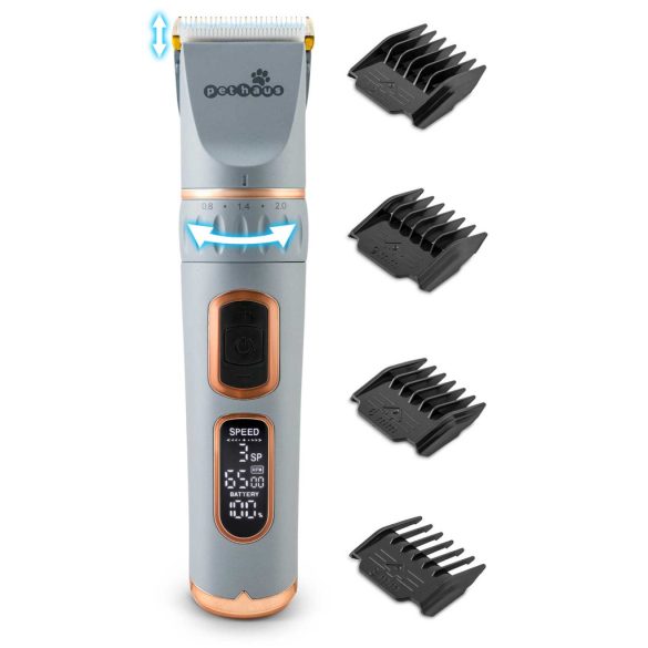 Akkumulátoros kisállat szőrnyírógép, Pethaus PH-100, szürke, 10 W, LCD kijelző, acél penge, 0,8-2,0 mm, Li-Ion 3,7 V, 3200 mAh, USB-C töltés
