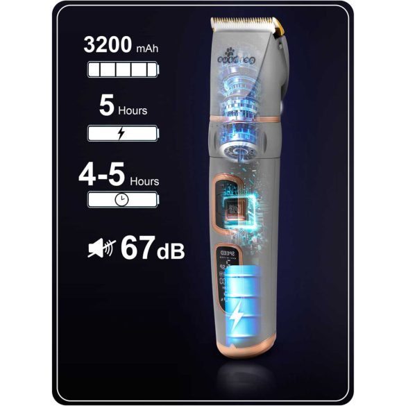 Akkumulátoros kisállat szőrnyírógép, Pethaus PH-100, szürke, 10 W, LCD kijelző, acél penge, 0,8-2,0 mm, Li-Ion 3,7 V, 3200 mAh, USB-C töltés