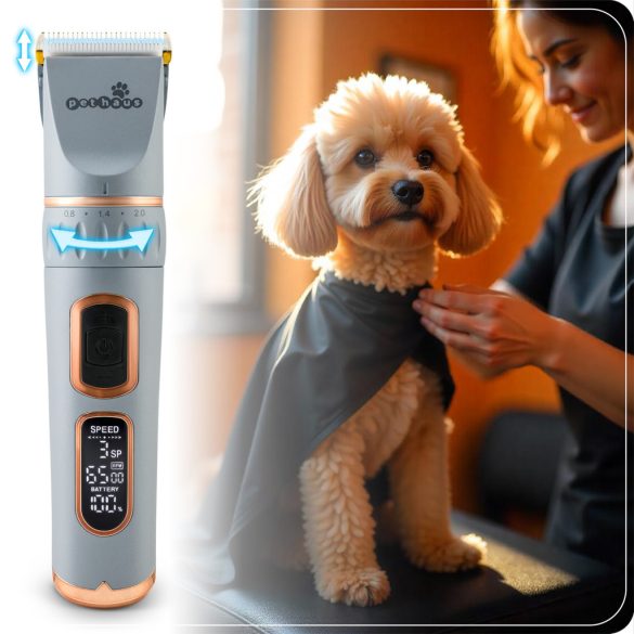 Akkumulátoros kisállat szőrnyírógép, Pethaus PH-100, szürke, 10 W, LCD kijelző, acél penge, 0,8-2,0 mm, Li-Ion 3,7 V, 3200 mAh, USB-C töltés