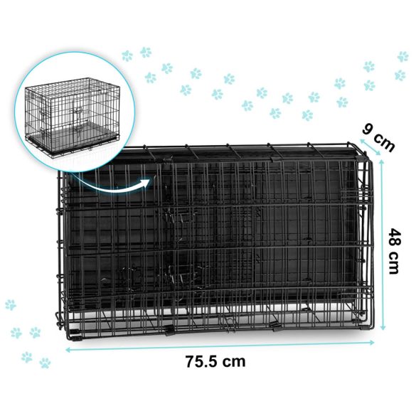 Beltéri kutyakennel, Pethaus PH-200, fekete, 75,5 x 47,5 x 54 cm, összecsukható, 2 ajtós, acél váz, kivehető műanyag tálca, hordfogantyú, kistestű kutyáknak, S méret, kényelmes fekhellyel