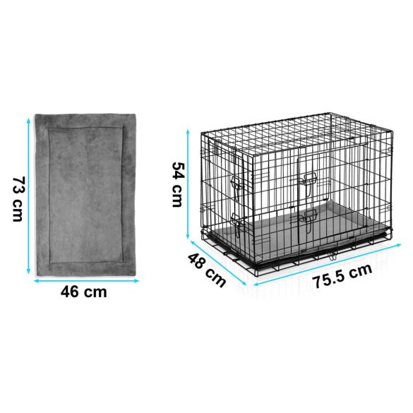 Beltéri kutyakennel, Pethaus PH-200, fekete, 75,5 x 47,5 x 54 cm, összecsukható, 2 ajtós, acél váz, kivehető műanyag tálca, hordfogantyú, kistestű kutyáknak, S méret, kényelmes fekhellyel