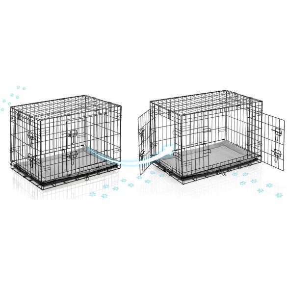 Beltéri kutyakennel, Pethaus PH-200, fekete, 75,5 x 47,5 x 54 cm, összecsukható, 2 ajtós, acél váz, kivehető műanyag tálca, hordfogantyú, kistestű kutyáknak, S méret, kényelmes fekhellyel
