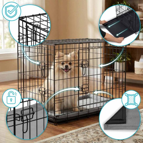 Beltéri kutyakennel, Pethaus PH-200, fekete, 75,5 x 47,5 x 54 cm, összecsukható, 2 ajtós, acél váz, kivehető műanyag tálca, hordfogantyú, kistestű kutyáknak, S méret, kényelmes fekhellyel