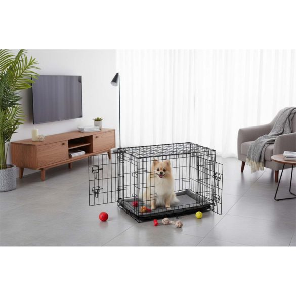 Beltéri kutyakennel, Pethaus PH-200, fekete, 75,5 x 47,5 x 54 cm, összecsukható, 2 ajtós, acél váz, kivehető műanyag tálca, hordfogantyú, kistestű kutyáknak, S méret, kényelmes fekhellyel