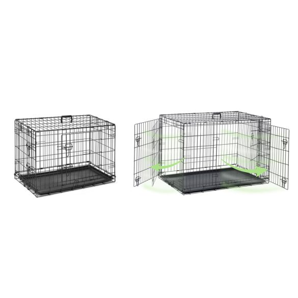 Beltéri kutyakennel, Pethaus PH-200, fekete, 75,5 x 47,5 x 54 cm, összecsukható, 2 ajtós, acél váz, kivehető műanyag tálca, hordfogantyú, kistestű kutyáknak, S méret