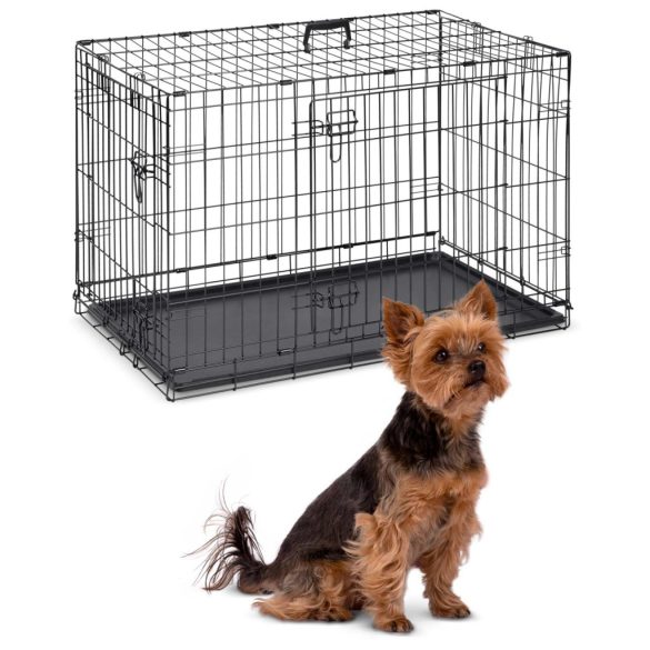 Beltéri kutyakennel, Pethaus PH-200, fekete, 75,5 x 47,5 x 54 cm, összecsukható, 2 ajtós, acél váz, kivehető műanyag tálca, hordfogantyú, kistestű kutyáknak, S méret