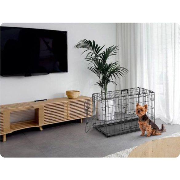 Beltéri kutyakennel, Pethaus PH-200, fekete, 75,5 x 47,5 x 54 cm, összecsukható, 2 ajtós, acél váz, kivehető műanyag tálca, hordfogantyú, kistestű kutyáknak, S méret