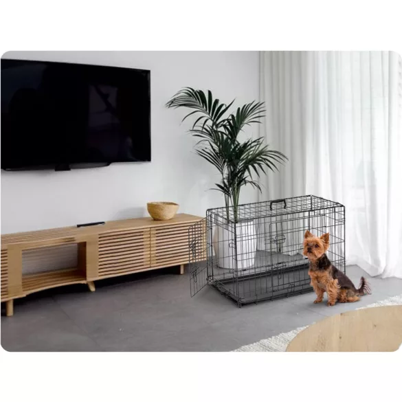 Beltéri kutyakennel, Pethaus PH-200, fekete, 75, 5 x 47, 5 x 54 cm, összecsukható, 2 ajtós, acél váz, kivehető műanyag tálca, hordfogantyú, kistestű kutyáknak, S méret (TE620000)
