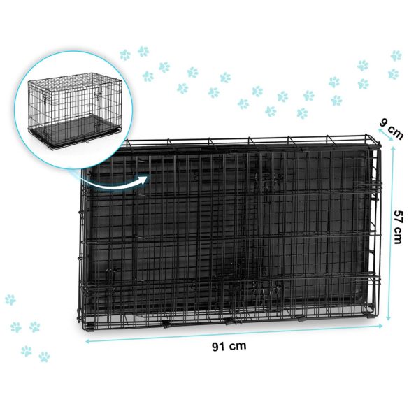 Beltéri kutyakennel, Pethaus PH-201, fekete, 91 x 57 x 62 cm, összecsukható, 2 ajtós, acél váz, kivehető műanyag tálca, hordfogantyú, közepes méretű kutyáknak, M méret, kényelmes fekhellyel