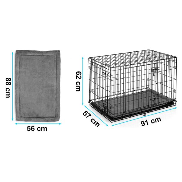 Beltéri kutyakennel, Pethaus PH-201, fekete, 91 x 57 x 62 cm, összecsukható, 2 ajtós, acél váz, kivehető műanyag tálca, hordfogantyú, közepes méretű kutyáknak, M méret, kényelmes fekhellyel