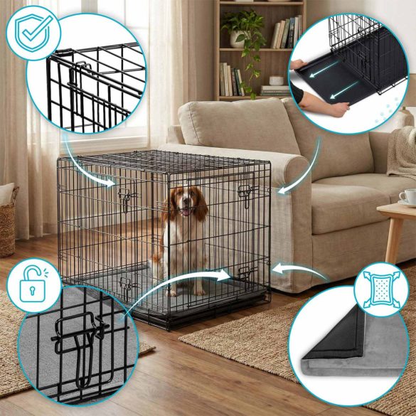 Beltéri kutyakennel, Pethaus PH-201, fekete, 91 x 57 x 62 cm, összecsukható, 2 ajtós, acél váz, kivehető műanyag tálca, hordfogantyú, közepes méretű kutyáknak, M méret, kényelmes fekhellyel