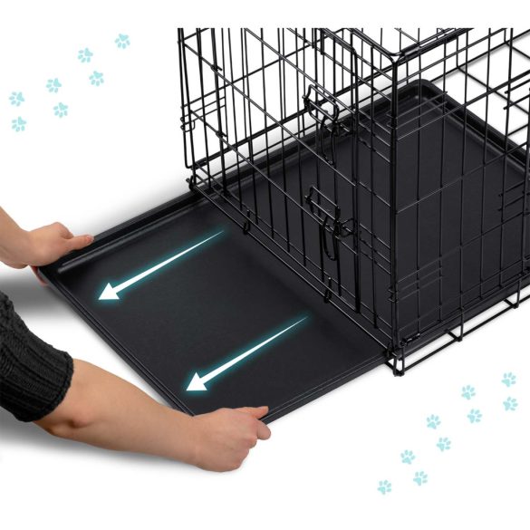 Beltéri kutyakennel, Pethaus PH-201, fekete, 91 x 57 x 62 cm, összecsukható, 2 ajtós, acél váz, kivehető műanyag tálca, hordfogantyú, közepes méretű kutyáknak, M méret, kényelmes fekhellyel