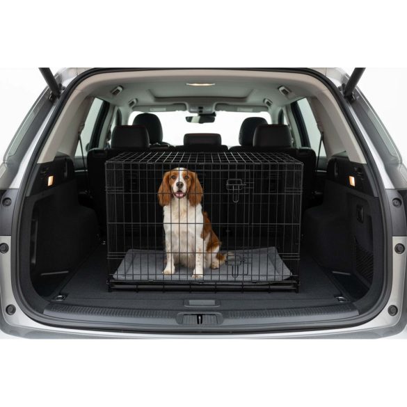 Beltéri kutyakennel, Pethaus PH-201, fekete, 91 x 57 x 62 cm, összecsukható, 2 ajtós, acél váz, kivehető műanyag tálca, hordfogantyú, közepes méretű kutyáknak, M méret, kényelmes fekhellyel