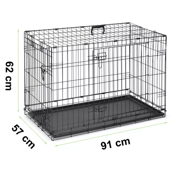 Beltéri kutyakennel, Pethaus PH-201, fekete, 91 x 57 x 62 cm, összecsukható, 2 ajtós, acél váz, kivehető műanyag tálca, hordfogantyú, közepes méretű kutyáknak, M méret (TE620100)