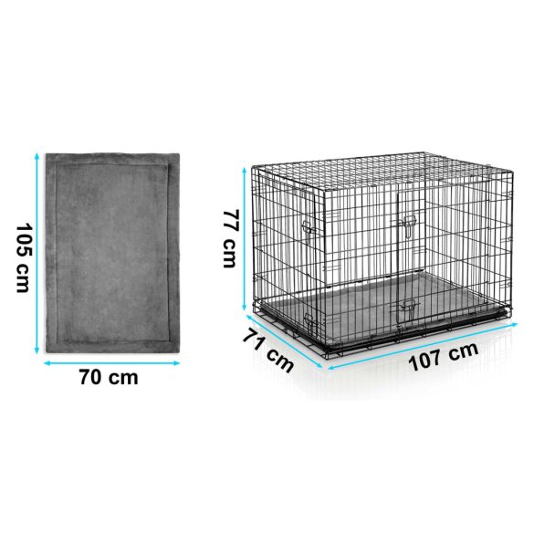 Beltéri kutyakennel, Pethaus PH-202, fekete, 107 x 71 x 77 cm, összecsukható, 2 ajtós, acél váz, kivehető műanyag tálca, hordfogantyú, nagytestű kutyáknak, L méret, kényelmes fekhellyel