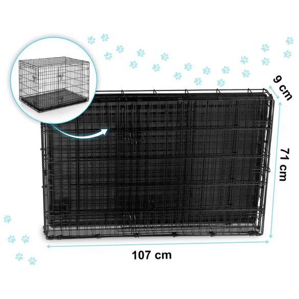 Beltéri kutyakennel, Pethaus PH-202, fekete, 107 x 71 x 77 cm, összecsukható, 2 ajtós, acél váz, kivehető műanyag tálca, hordfogantyú, nagytestű kutyáknak, L méret, kényelmes fekhellyel