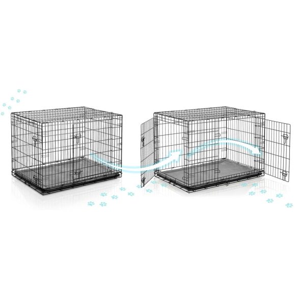 Beltéri kutyakennel, Pethaus PH-202, fekete, 107 x 71 x 77 cm, összecsukható, 2 ajtós, acél váz, kivehető műanyag tálca, hordfogantyú, nagytestű kutyáknak, L méret, kényelmes fekhellyel