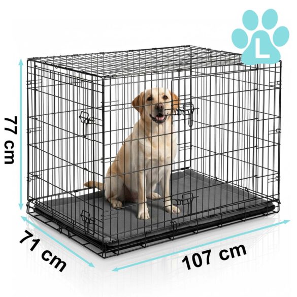 Beltéri kutyakennel, Pethaus PH-202, fekete, 107 x 71 x 77 cm, összecsukható, 2 ajtós, acél váz, kivehető műanyag tálca, hordfogantyú, nagytestű kutyáknak, L méret, kényelmes fekhellyel