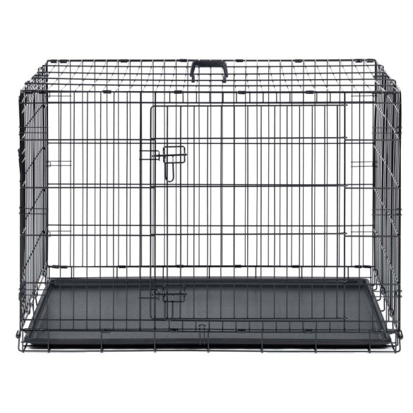 Beltéri kutyakennel, Pethaus PH-202, fekete, 107 x 71 x 77 cm, összecsukható, 2 ajtós, acél váz, kivehető műanyag tálca, hordfogantyú, nagytestű kutyáknak, L méret