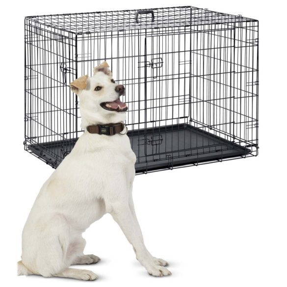 Beltéri kutyakennel, Pethaus PH-202, fekete, 107 x 71 x 77 cm, összecsukható, 2 ajtós, acél váz, kivehető műanyag tálca, hordfogantyú, nagytestű kutyáknak, L méret