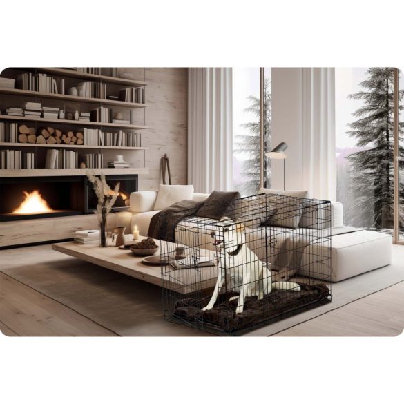 Beltéri kutyakennel, Pethaus PH-202, fekete, 107 x 71 x 77 cm, összecsukható, 2 ajtós, acél váz, kivehető műanyag tálca, hordfogantyú, nagytestű kutyáknak, L méret