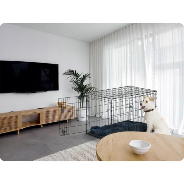 Beltéri kutyakennel, Pethaus PH-202, fekete, 107 x 71 x 77 cm, összecsukható, 2 ajtós, acél váz, kivehető műanyag tálca, hordfogantyú, nagytestű kutyáknak, L méret