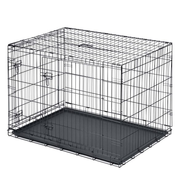 Beltéri kutyakennel, Pethaus PH-202, fekete, 107 x 71 x 77 cm, összecsukható, 2 ajtós, acél váz, kivehető műanyag tálca, hordfogantyú, nagytestű kutyáknak, L méret
