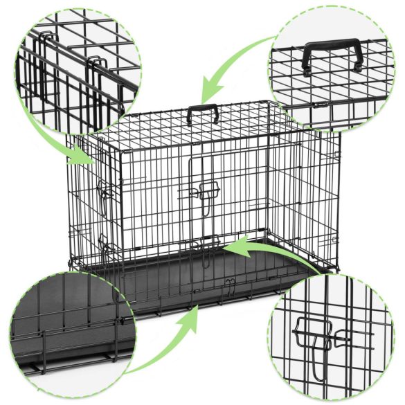 Beltéri kutyakennel, Pethaus PH-202, fekete, 107 x 71 x 77 cm, összecsukható, 2 ajtós, acél váz, kivehető műanyag tálca, hordfogantyú, nagytestű kutyáknak, L méret