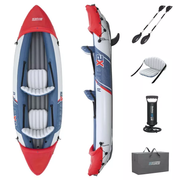 Felfújható kajak, BESTWAY Hydro-Force Lite-Rapid X2, fehér/kék, 321 x 100 cm (2 személyes), PVC, evezővel, pumpával, hordtáskával, javítótapasszal, kivehető ülésekkel, teherbírás: 180 kg (65077)