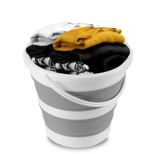 Összecsukható vödör, Massido MS-681, 10 liter, szürke, szilikon, szűrős fedéllel és fogantyúval, helytakarékos, többfunkciós