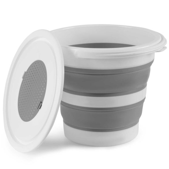 Összecsukható vödör, Massido MS-681, 10 liter, szürke, szilikon, szűrős fedéllel és fogantyúval, helytakarékos, többfunkciós