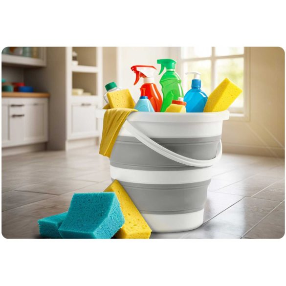 Összecsukható vödör, Massido MS-681, 10 liter, szürke, szilikon, szűrős fedéllel és fogantyúval, helytakarékos, többfunkciós