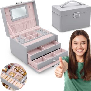 Ékszerdoboz, Massido MS-700, 18,6 × 14,8 × 11 cm, szürke, PU műbőr, kulccsal zárható, tükörrel, fiókokkal és rekeszekkel, fogantyúval