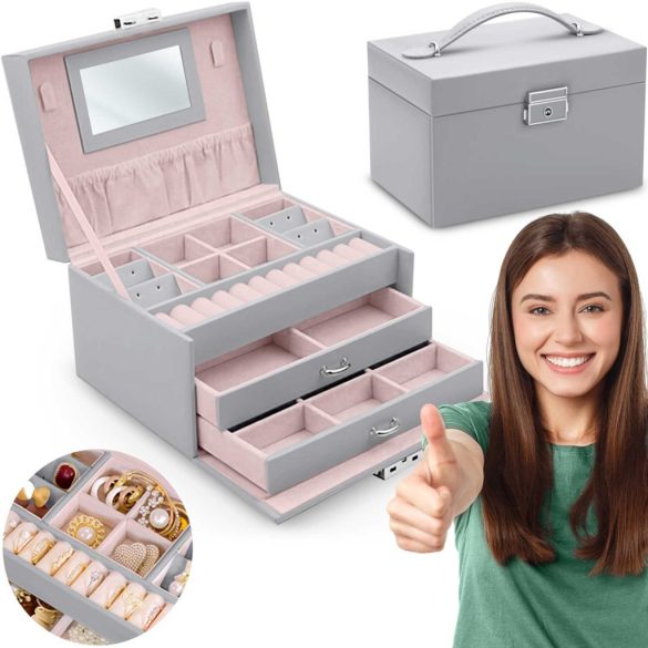 Ékszerdoboz, Massido MS-700, 18,6 × 14,8 × 11 cm, szürke, PU műbőr, kulccsal zárható, tükörrel, fiókokkal és rekeszekkel, fogantyúval