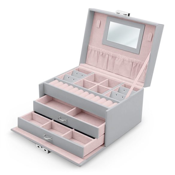 Ékszerdoboz, Massido MS-700, 18,6 × 14,8 × 11 cm, szürke, PU műbőr, kulccsal zárható, tükörrel, fiókokkal és rekeszekkel, fogantyúval