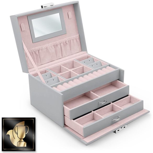 Ékszerdoboz, Massido MS-700, 18,6 × 14,8 × 11 cm, szürke, PU műbőr, kulccsal zárható, tükörrel, fiókokkal és rekeszekkel, fogantyúval