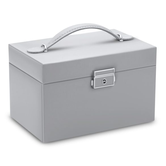 Ékszerdoboz, Massido MS-700, 18,6 × 14,8 × 11 cm, szürke, PU műbőr, kulccsal zárható, tükörrel, fiókokkal és rekeszekkel, fogantyúval