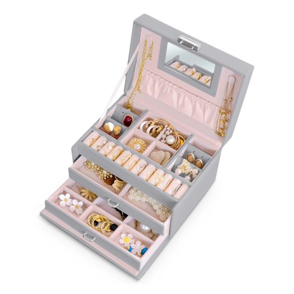 Ékszerdoboz, Massido MS-700, 18,6 × 14,8 × 11 cm, szürke, PU műbőr, kulccsal zárható, tükörrel, fiókokkal és rekeszekkel, fogantyúval